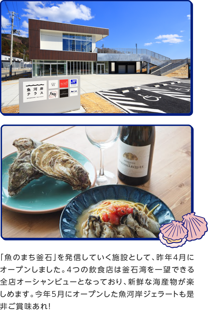 「魚のまち釜石」を発信していく施設として、昨年４月にオープンしました。4つの飲食店は釜石湾を一望できる全店オーシャンビューとなっており、新鮮な海産物が楽しめます。今年5月にオープンした魚河岸ジェラートも是非ご賞味あれ！