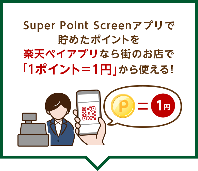 Super Point Screenアプリで貯めたポイントを楽天ペイアプリなら街のお店で「1ポイント＋1円」から使える！