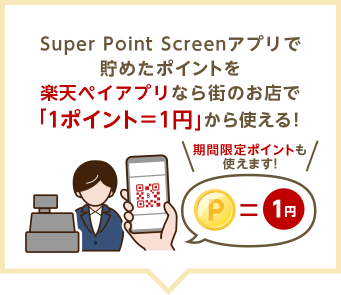Super Point Screenアプリで貯めたポイントを楽天ペイアプリなら街のお店で「1ポイント＋1円」から使える！