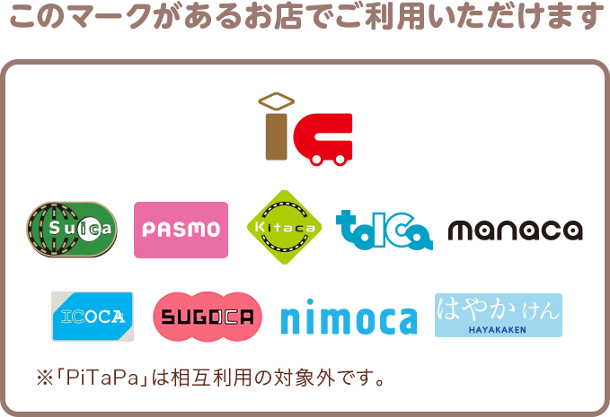 このマークがあるお店でご利用いただけます　IC／Suica／PASMO／Kitaca／TOICA／manaca／ICOCA／SUGOCA／nimoca／はやかけん ※「PiTaPa」は相互利用の対象外です。