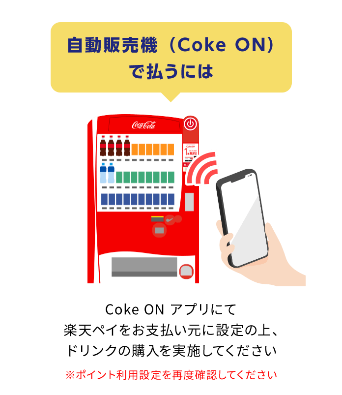 自動販売機（Coke ON）で払うには、Coke ONアプリにて楽天ペイをお支払い元に設定の上、ドリンクの購入を実施してください※ポイント利用設定を再度確認してください