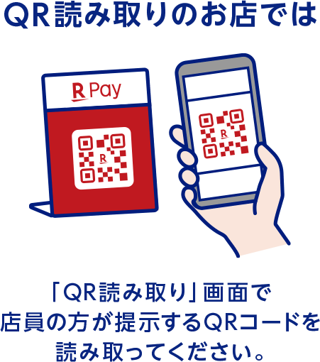 QR読み取りのお店では「QR読み取り」画面で店員の方が提示するQRコードを読み取ってください。