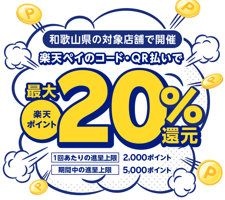 和歌山県の対象店舗で開催　楽天ペイのコード・QR払いで 楽天ポイント最大20%還元　1回あたりの進呈上限2,000ポイント 期間中の進呈上限5,000ポイント