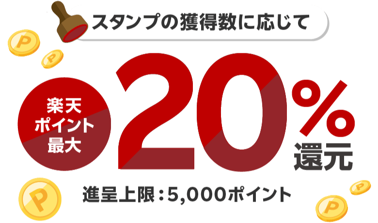 スタンプ獲得数に応じて楽天ポイント最大20％還元（進呈上限：5,000ポイント）