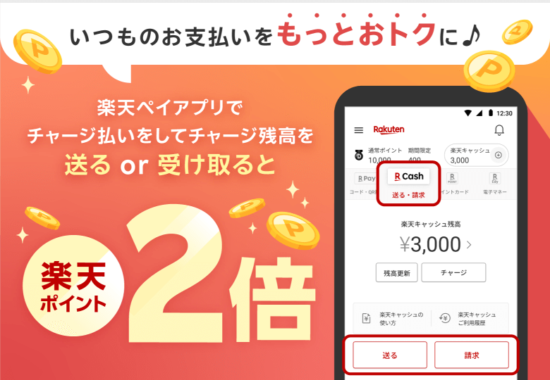 いつものお支払いをもっとおトクに♪楽天ペイアプリでチャージ払いをしてチャージ残高を送るor受け取ると楽天ポイント2倍