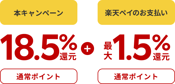 本キャンペーン18.5％還元（通常ポイント）＋楽天ペイのお支払い最大1.5％還元（通常ポイント）